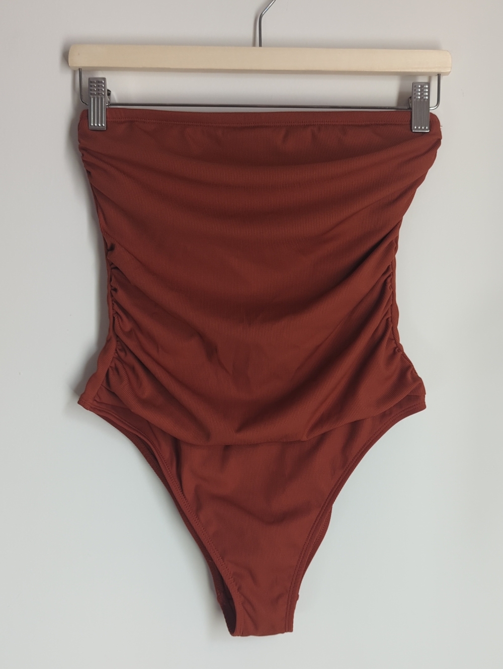 One-Piece Strapless Swimsuit Ruched Sides Rust Orange